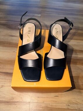Unisa Black Leather Crisscross Slingback Heels